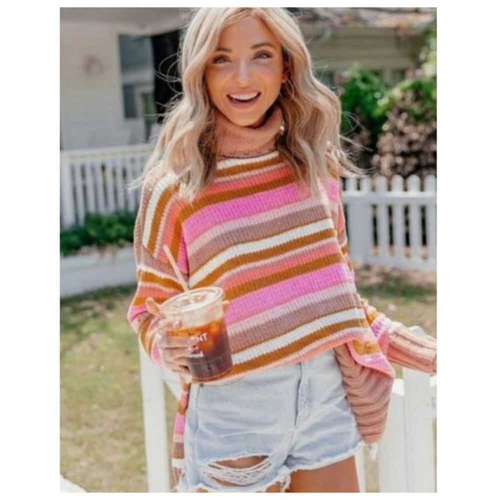 Brown and Pink Aerie Sunset Striped Print Turtleneck Sweater XS